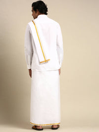 Thumbnail for Ramraj Cotton Premium Wedding White Regular Dhoti, Shirt & Towel Set Arathi 1/2