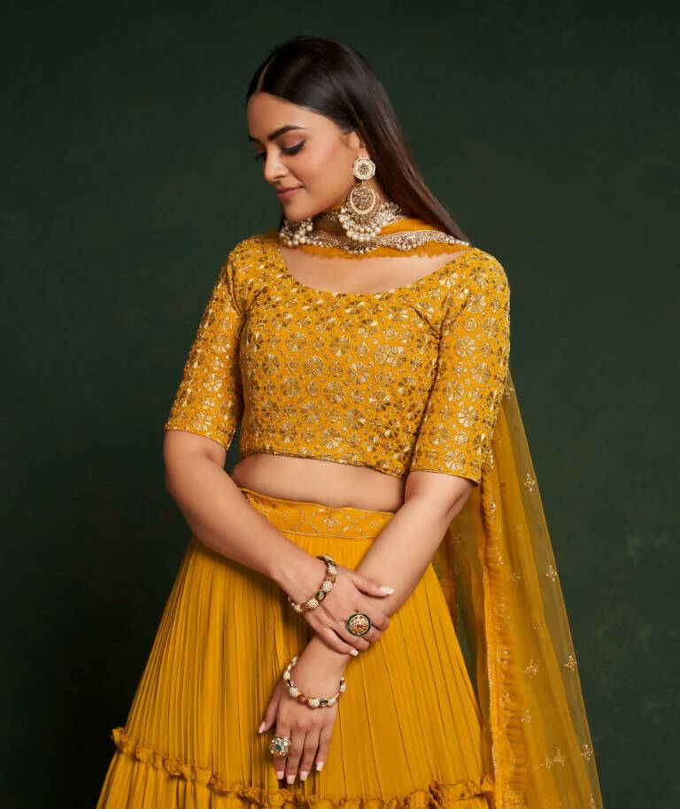 Buy Aastha Fashion Women's Mustard Faux Georgette Thread & Sequins  Embroidery Party Wear Lehenga Choli Online at Best Price