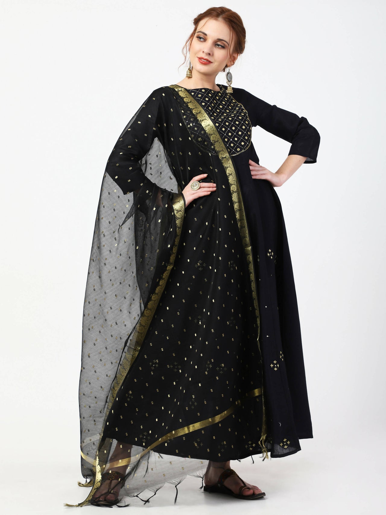 Cheera Embellished Party Wear Anarkali Dress with Dupatta - Black - Distacart