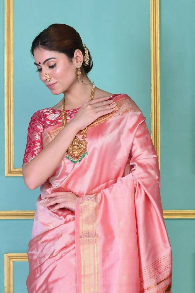 Very Much Indian Traditional Pretty Peach Pure Silk Double Pallu Paithani With Designer Peacocks Pallu - Distacart