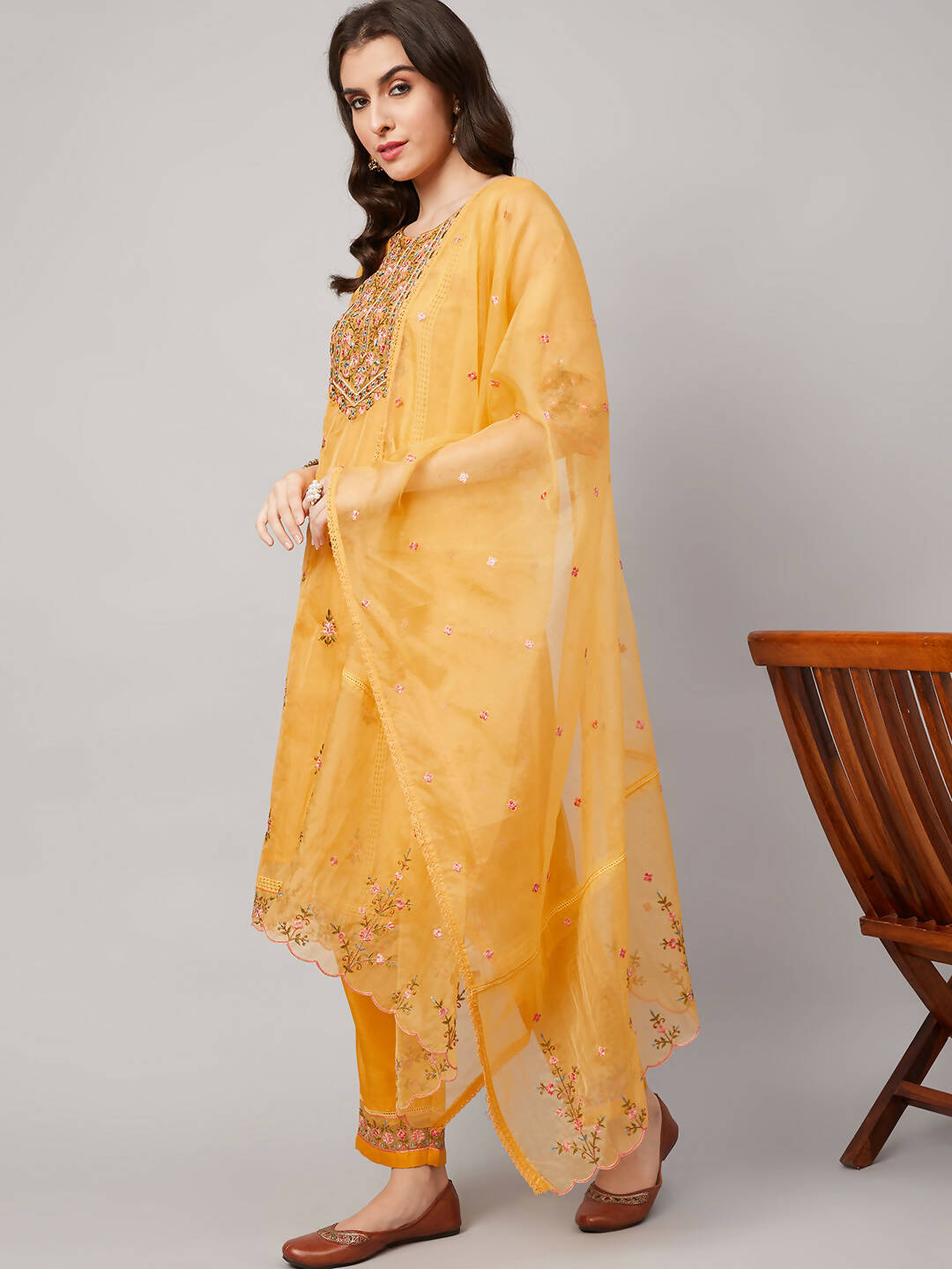 Yellow Organza Embroidered Kurta with Bottom & Dupatta - Salimar - Distacart