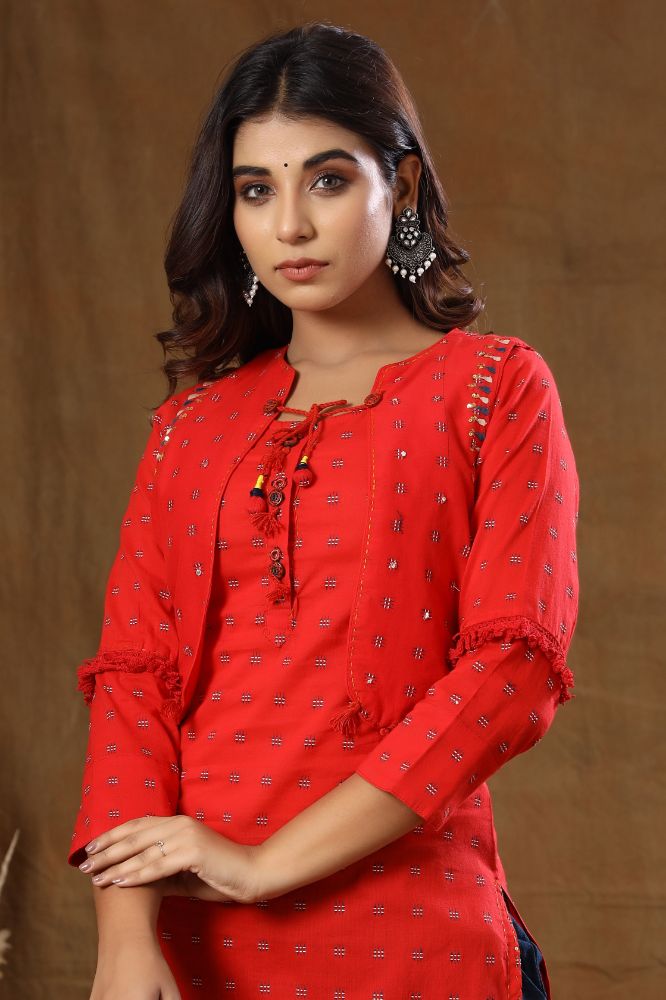 Kaajh Red Printed Jacket Kurta Pant Set For Women - Distacart