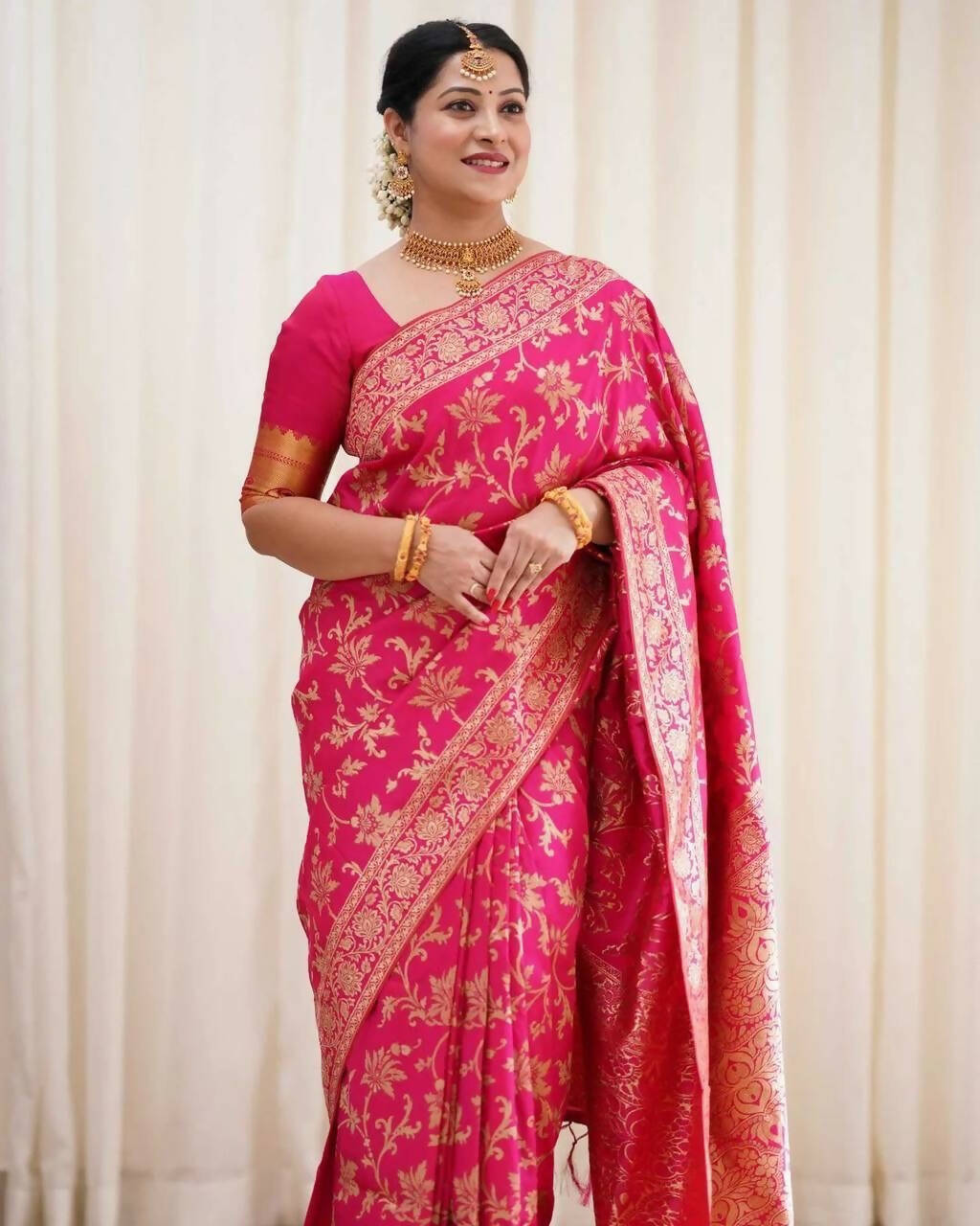 DEIANA'S Beautiful Golden Jari with New Design Soft Lichi Silk Saree - Pink - Distacart