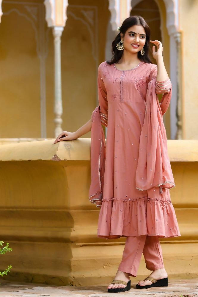 Yufta Women's Pink Tiered Embroidered Kurta with Trouser and Dupatta