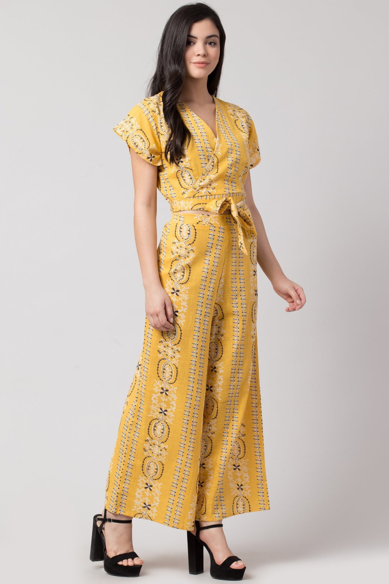 PAVONINE Mustard Color Printed Crop Top And Flared Palazzo Set For Girls & Women - Distacart