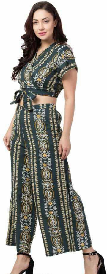 PAVONINE Bottle Green Color Printed Crop Top And Flared Palazzo Set For  Girls & Women