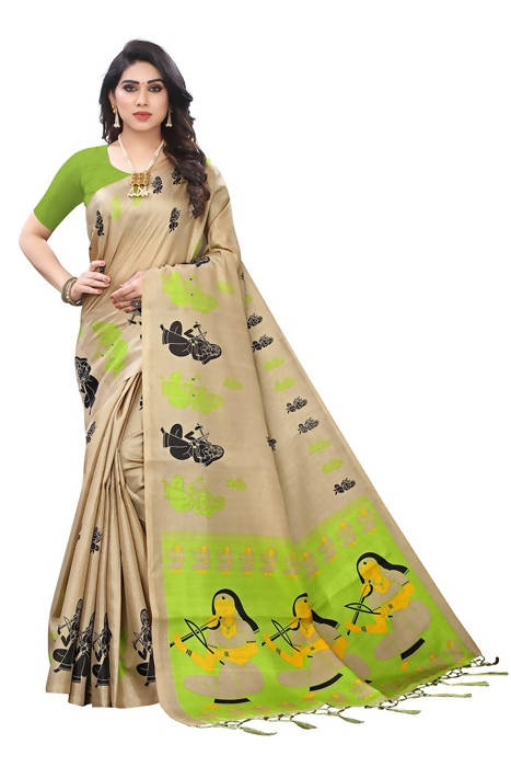 Vamika Brown Kalamkari Print With Jhalar Khadi Silk Saree (SHABRI GREEN)