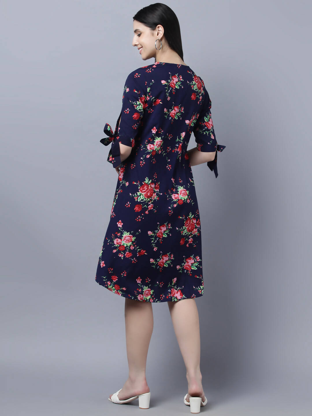 Myshka Women Navy Blue Pink Floral Print A-line Dress - Distacart