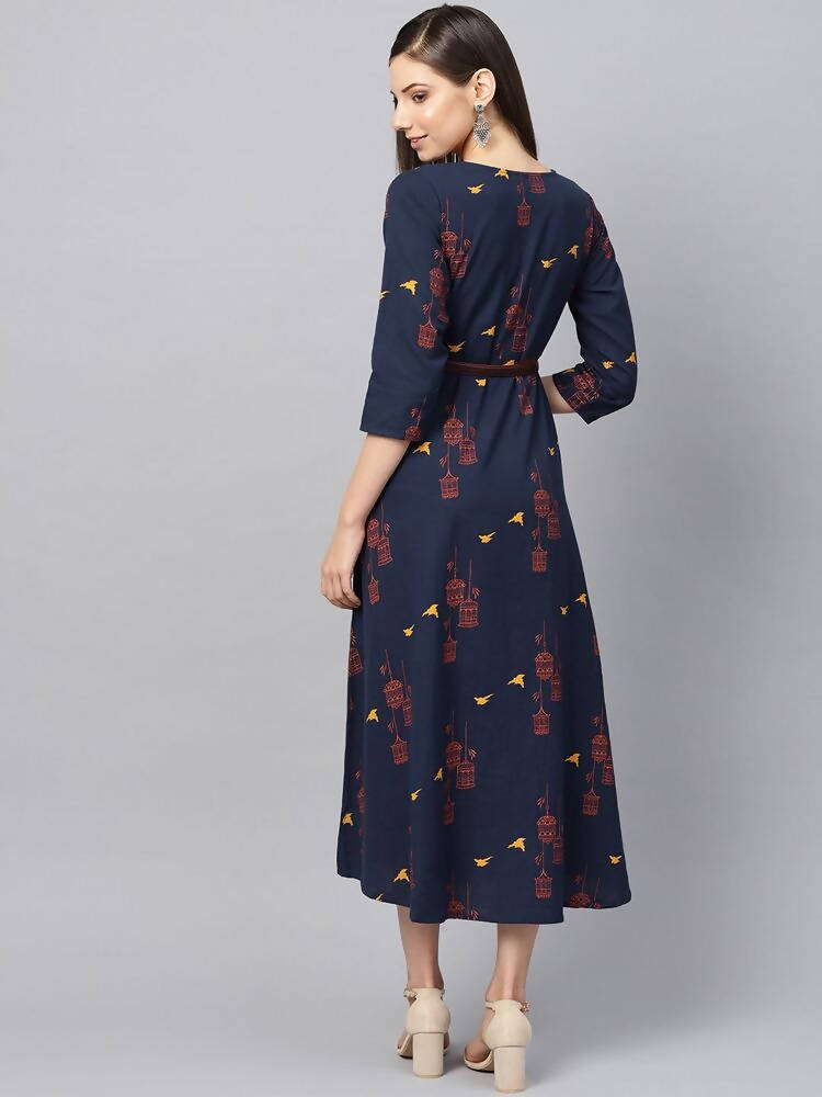 Yufta Women Navy Blue & Orange Quirky Printed Maxi Dress