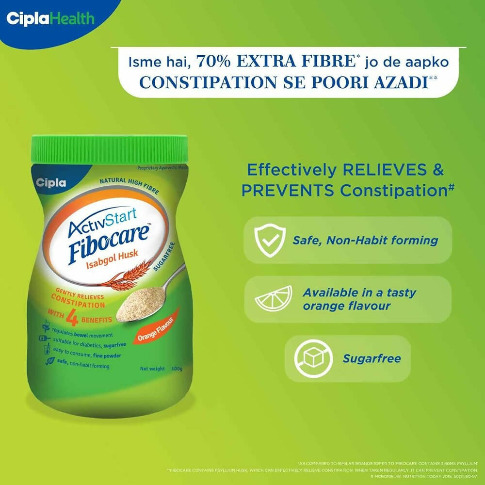 Cipla Fibocare Isabgol Husk Powder | Sugar Free - Orange Flavor - Distacart