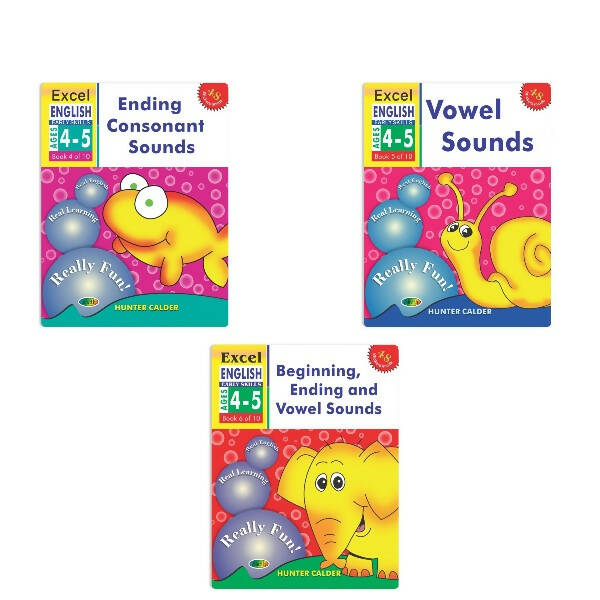 Excel English Early Skills Ages 4 - 5 Years (Set of 3) | Beginning, Ending Consonant & Vowel Sound Books for Junior KG - Distacart