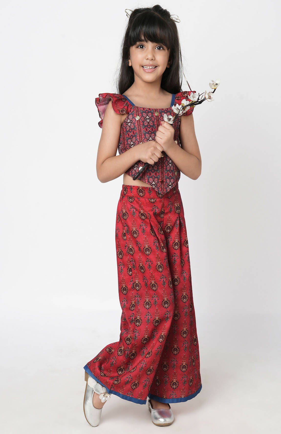 Lil Drama Ethnic Twist Girls Red Print Box Pleat Pant With Top Co-Ordinate Set - Distacart