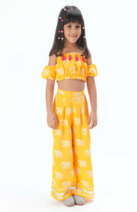 Thumbnail for Lil Drama Trunk Tales Girls Yellow Crop Top With Pants Co-Ordinate Set - Distacart