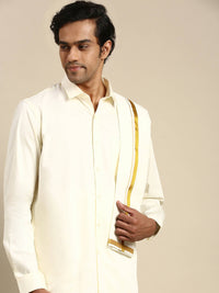 Thumbnail for Ramraj Cotton Mens Premium Wedding Cream Dhoti with shirt Bit & Towel Set - Distacart