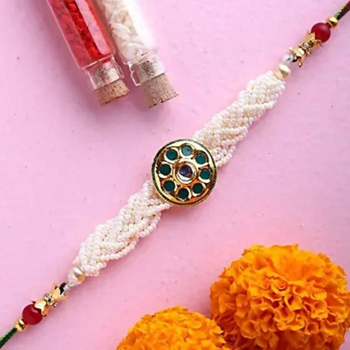 Traditional Kundan Rakhi With Wallet And Chocolate Burfi 