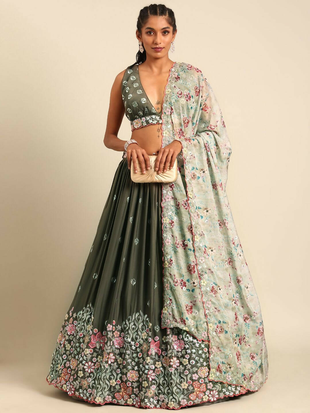 House of Panchhi Olive Chinon Sequins embroidery Lehenga choli & Dupatta - Distacart