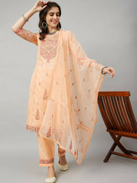 Thumbnail for Orange Organza Embroidered Kurta with Bottom & Dupatta - Salimar - Distacart