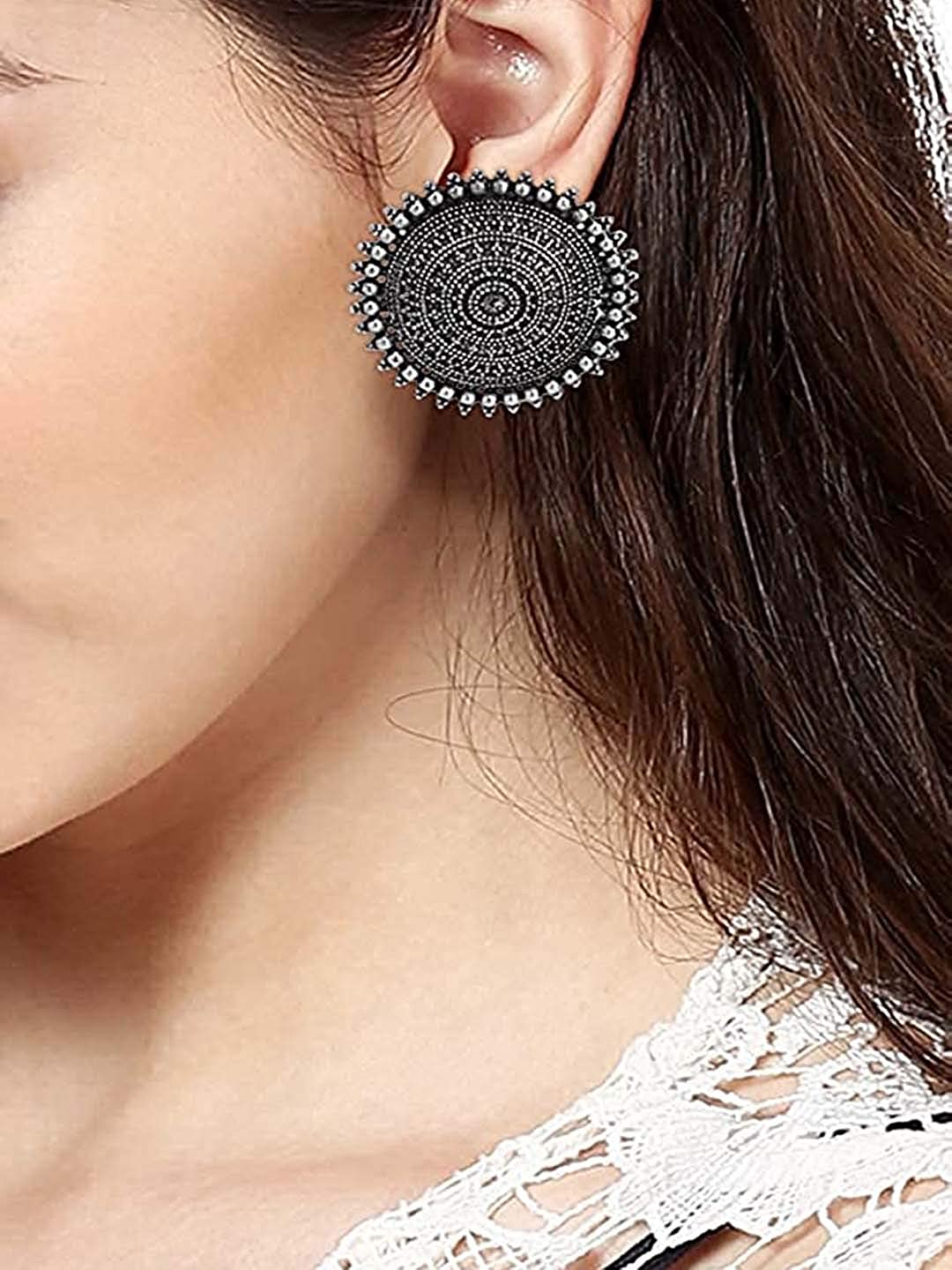 Buy Rhodium-Plated Alloy Round Silver Antique Stud Earrings - The