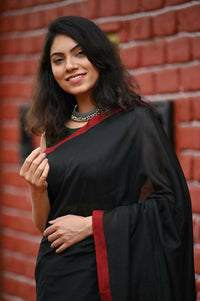 Thumbnail for Very Much Indian Pure Cotton Handloom Saree With Intricate Border - Black - Distacart