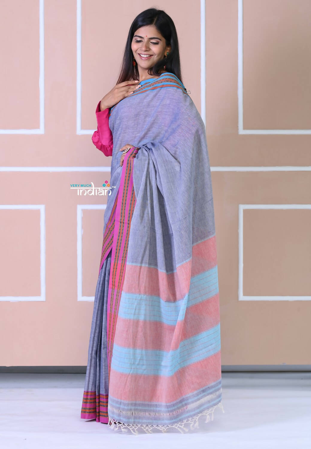 Very Much Indian Patteda Anchu Ilkal Handloom Saree - Heather Purple With Blue Border - Distacart