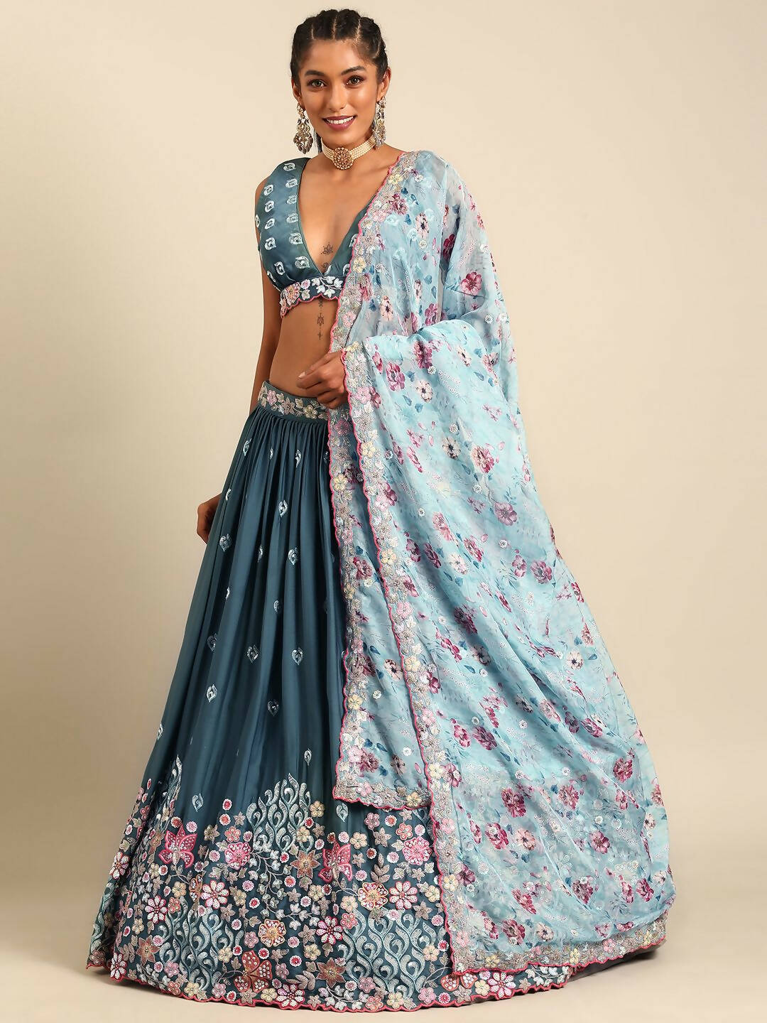 House of Panchhi Teal Blue Chinon Sequins embroidery Lehenga choli & Dupatta - Distacart