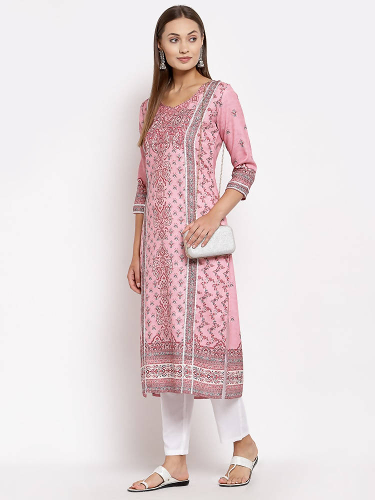 Myshka Women's Multi Pashmeena Printed 3/4 Sleeve Round Neck Casual Winter Kurta