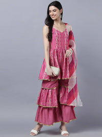 Thumbnail for Myshka Stylish Pink Sleeveless Women's Kurta Sharara with Dupatta Set - Distacart