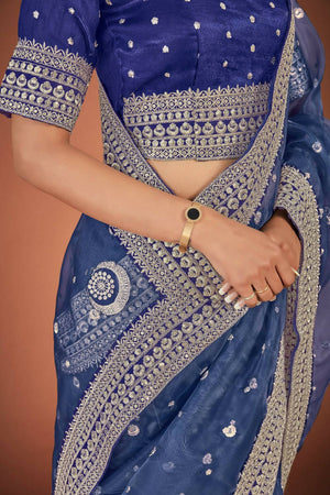 Shop Online Cream Embroidered Organza Saree with Blue Saree Blouse – Pure  Elegance