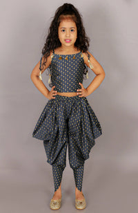 Thumbnail for Lil Drama Fusion Fair Girls Navy Crop Top With Dhoti Co-Ordinate Set - Distacart