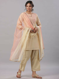 Thumbnail for Juniper Women Gold Modal Chanderi Embroidered Kurta, Pants and Dupatta Set - Distacart