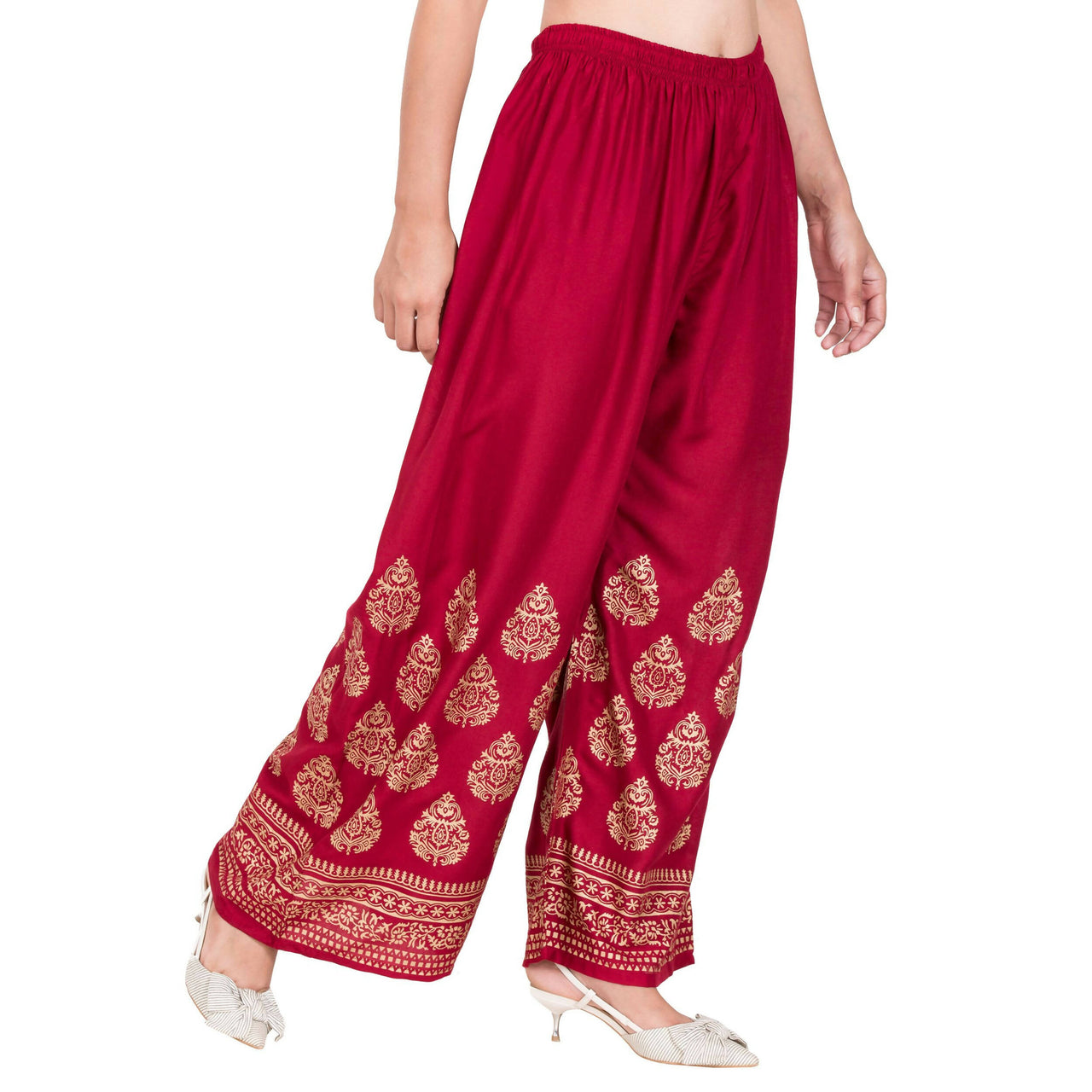 PAVONINE Maroon Color Golden Printed Rayon Fabric Sharara For Women & Girls - Distacart