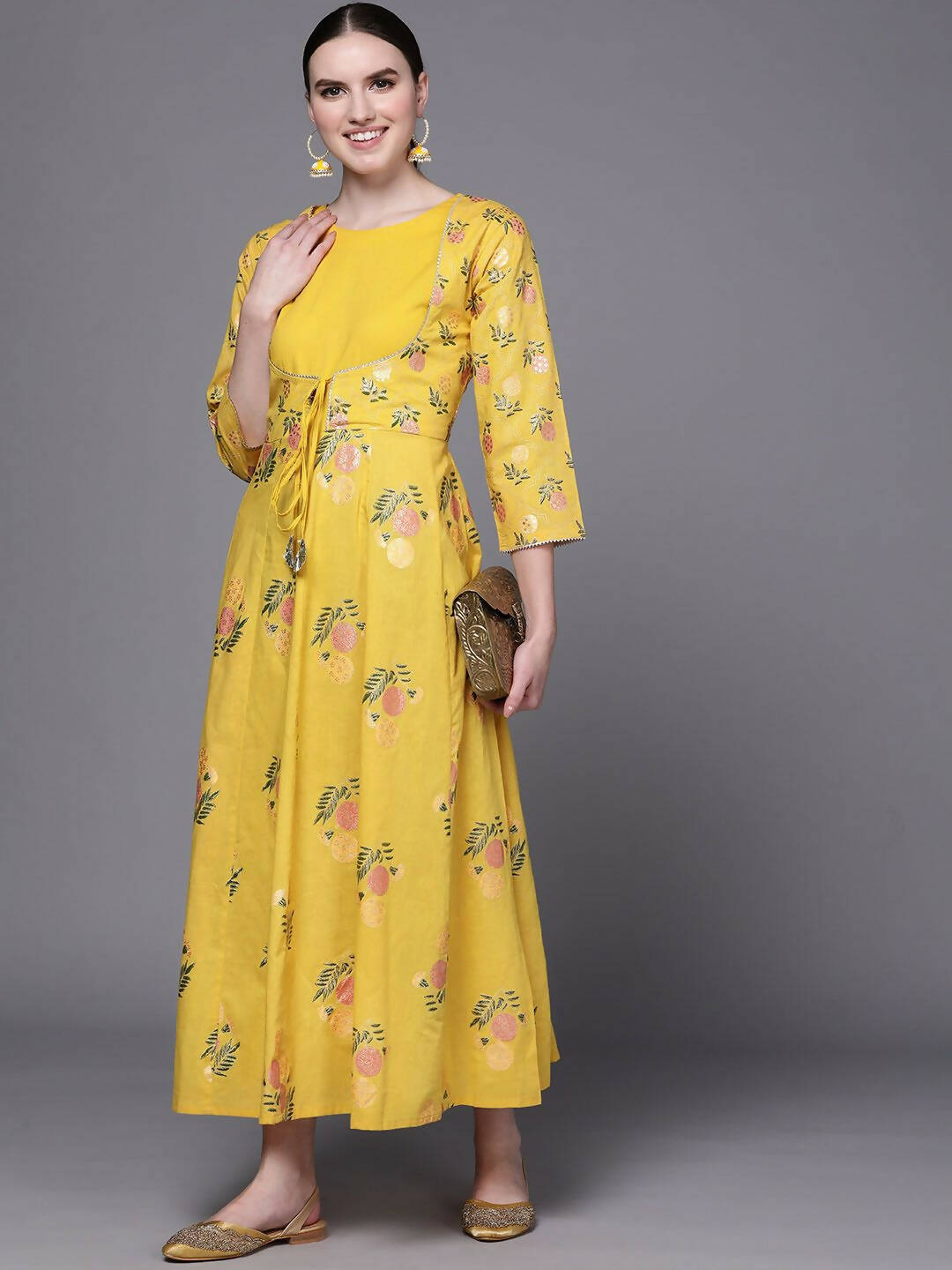 Buy Ahalyaa Women Yellow Floral Fit & Flare Maxi Ethnic Dress