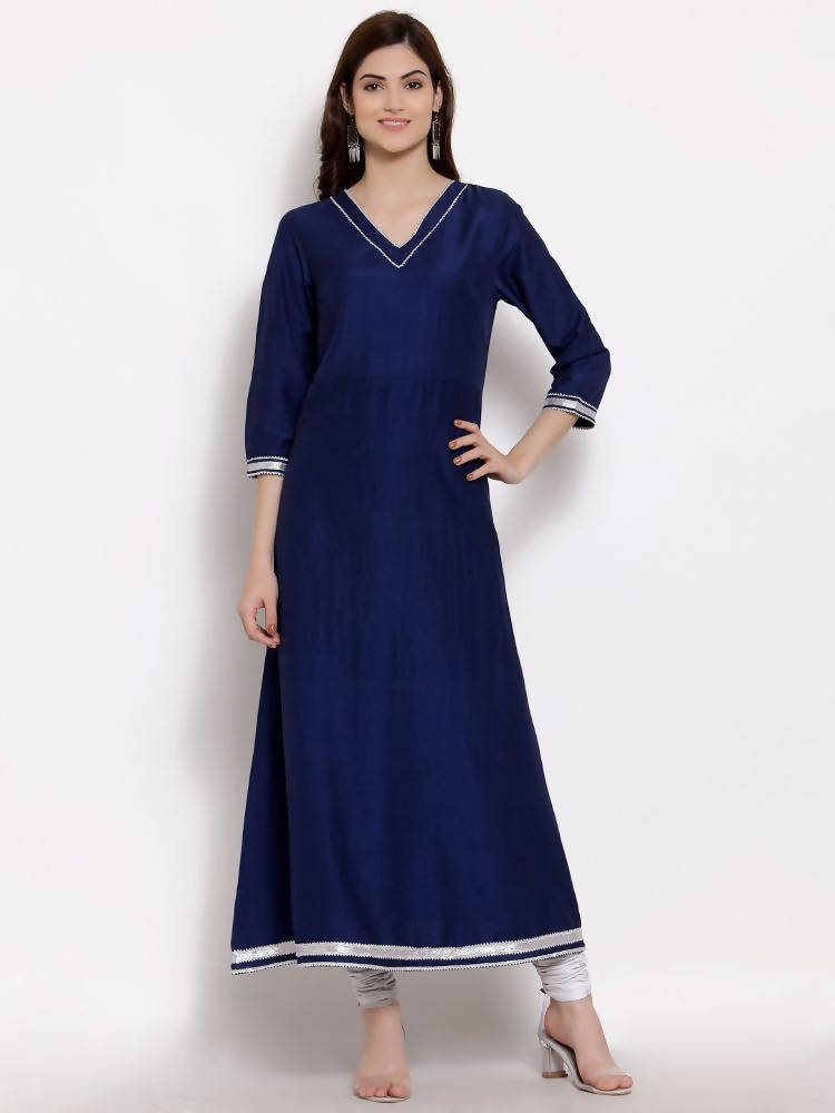 Myshka Women's Navy Blue Cotton 3/4 Sleeve V Neck Solid Casual Anarkali Kurta Dupatta Set