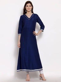 Thumbnail for Myshka Women's Navy Blue Cotton 3/4 Sleeve V Neck Solid Casual Anarkali Kurta Dupatta Set