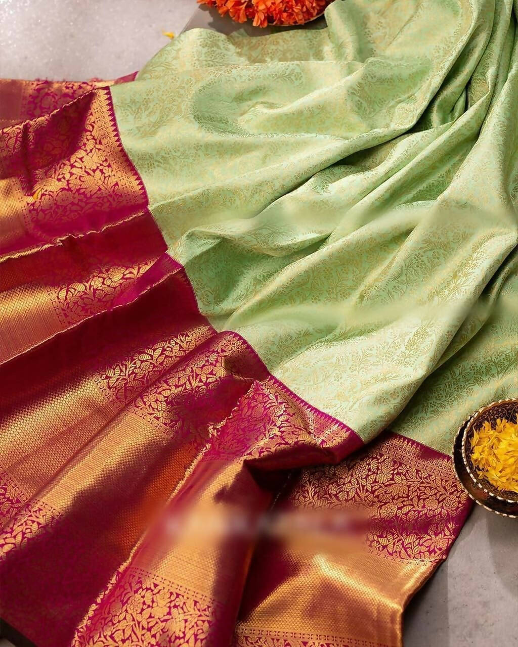 DEIANA'S Beautiful Golden Jari with New Design Soft Lichi Silk Saree - Pista - Distacart