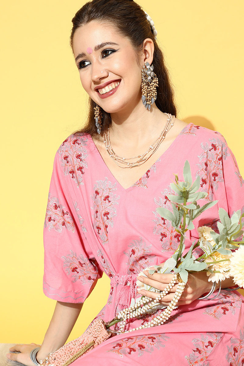 Women's Pink Cotton Floral Printed Kaftan Set - Rasiya - Distacart