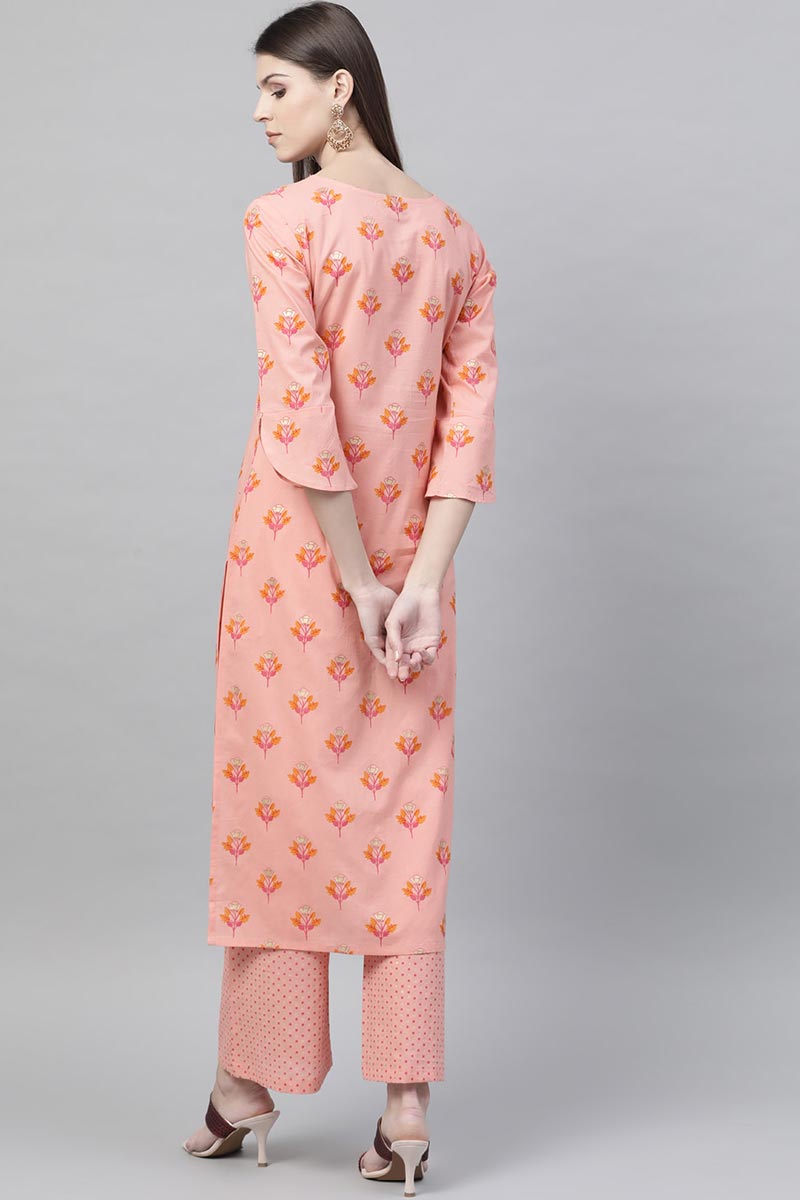 Women's Pink Pure Cotton Floral Printed Kurta Set - Rasiya - Distacart