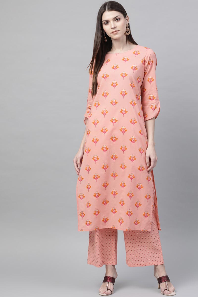 Women's Pink Pure Cotton Floral Printed Kurta Set - Rasiya - Distacart