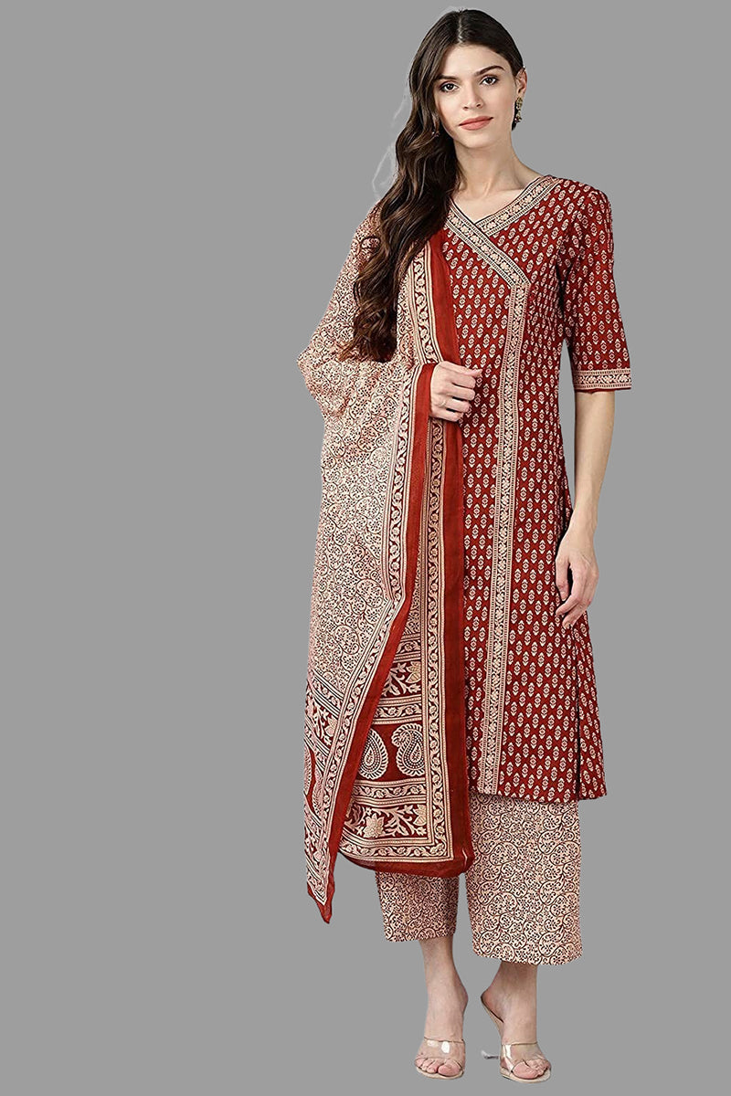 Women's Maroon Cotton Ethnic Motifs Print Suit Set - Rasiya - Distacart