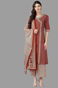 Thumbnail for Women's Maroon Cotton Ethnic Motifs Print Suit Set - Rasiya - Distacart