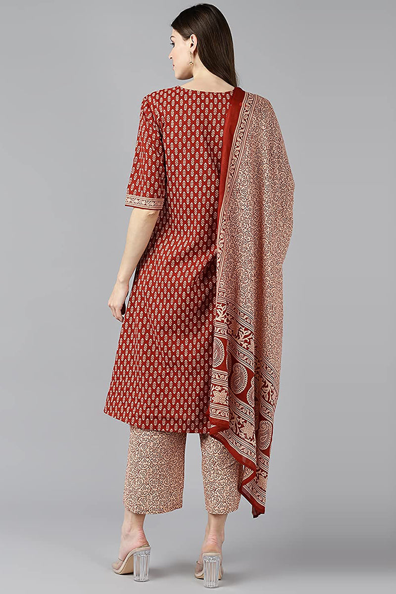 Women's Maroon Cotton Ethnic Motifs Print Suit Set - Rasiya - Distacart