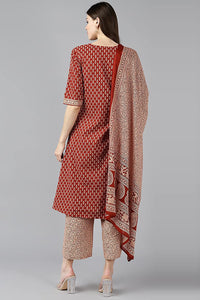 Thumbnail for Women's Maroon Cotton Ethnic Motifs Print Suit Set - Rasiya - Distacart