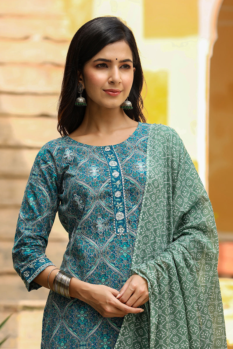 Women's Cotton Green Ethnic Motifs Printed Straight Suit Set - Rasiya - Distacart