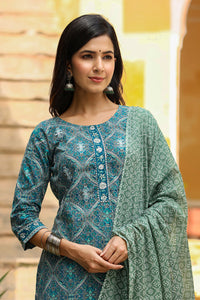 Thumbnail for Women's Cotton Green Ethnic Motifs Printed Straight Suit Set - Rasiya - Distacart