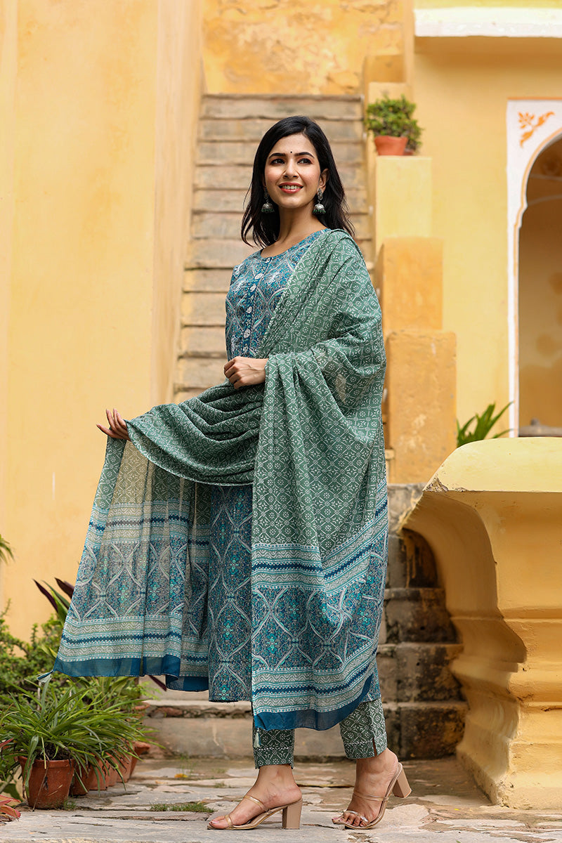 Women's Cotton Green Ethnic Motifs Printed Straight Suit Set - Rasiya - Distacart