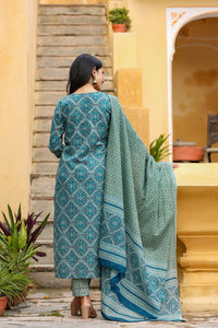 Thumbnail for Women's Cotton Green Ethnic Motifs Printed Straight Suit Set - Rasiya - Distacart