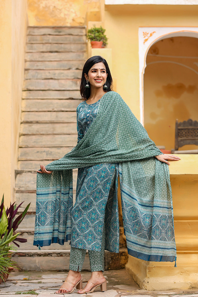 Women's Cotton Green Ethnic Motifs Printed Straight Suit Set - Rasiya - Distacart