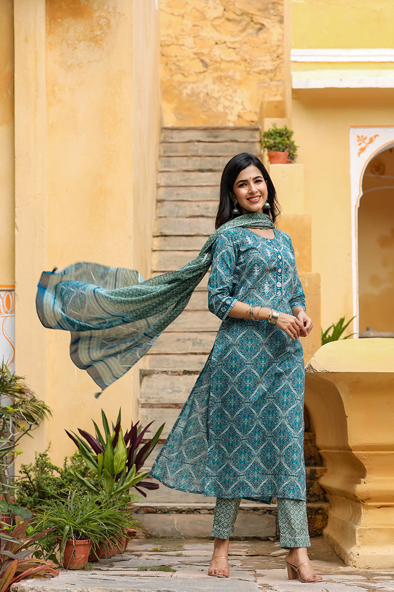 Women's Cotton Green Ethnic Motifs Printed Straight Suit Set - Rasiya - Distacart