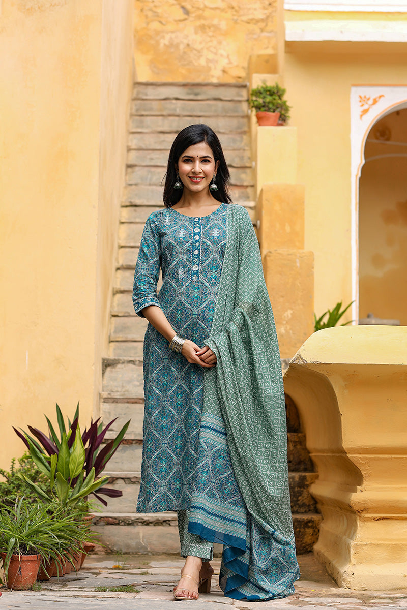 Women's Cotton Green Ethnic Motifs Printed Straight Suit Set - Rasiya - Distacart