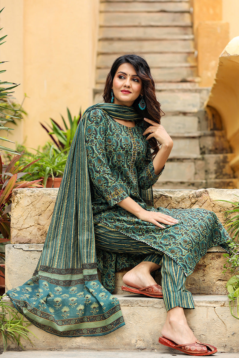 Women's Green Rayon Blend Ethnic Motifs Suit Set - Rasiya - Distacart